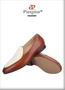 Piergitar New Style Brown Calf Leather Stitching Off-White Fabric Men's Loafers British Classics Slip-on Men Smoking Slippers