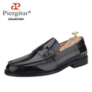 Piergitar Handmade Black Cow Leather Men's Loafers Classic Men Moccasin Gold Color Outsole Men Flats Letters Embroidered Heel