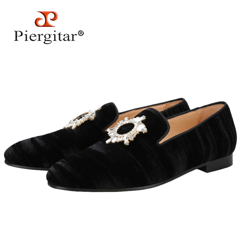 Piergitar Black Velvet Men's Loafers Handmade Rhinestone Metal Buckle Moccasin British Classic Style Smoking Slippers Plus Size