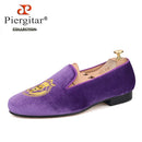 Piergitar handmade lion embroidery men velvet shoes purple color men's moccasins for party and prom men loafers leather insole