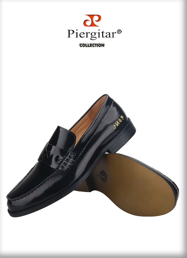 Piergitar Handmade Black Cow Leather Men's Loafers Classic Men Moccasin Gold Color Outsole Men Flats Letters Embroidered Heel