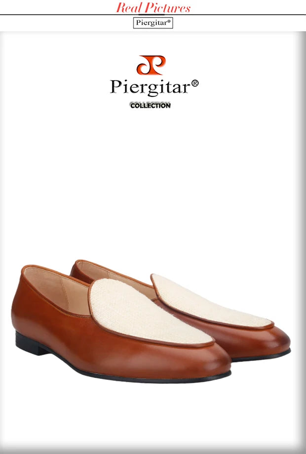 Piergitar New Style Brown Calf Leather Stitching Off-White Fabric Men's Loafers British Classics Slip-on Men Smoking Slippers