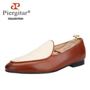 Piergitar New Style Brown Calf Leather Stitching Off-White Fabric Men's Loafers British Classics Slip-on Men Smoking Slippers