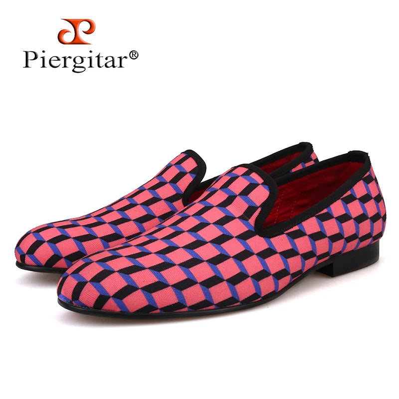 Piergitar New Arrival Handcrafted Multi-Colors 3D Print Check Men's Casual Canvas Shoes Loafer For Daily, Wedding and Party