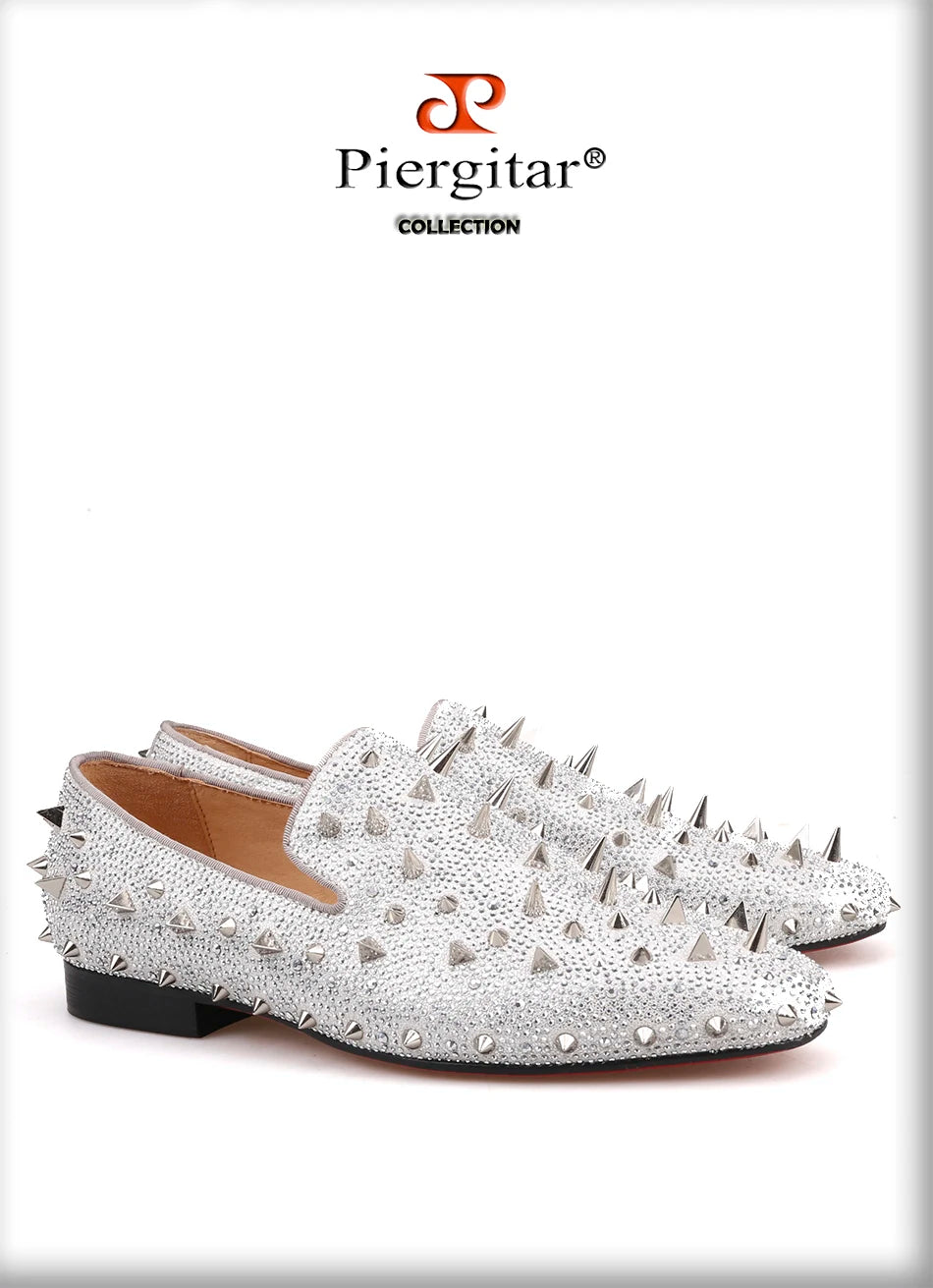 Piergitar Handcrafted Luxury Gold or Silver Spikes and Diamonds Men's Glitter Leather Loafers Suitable for Banquet and Wedding