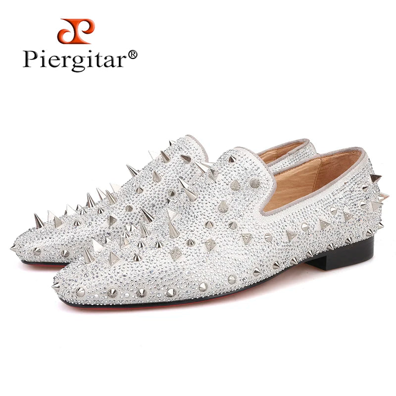 Piergitar Handcrafted Luxury Gold or Silver Spikes and Diamonds Men's Glitter Leather Loafers Suitable for Banquet and Wedding