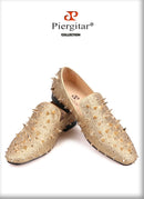 Piergitar Handcrafted Luxury Gold or Silver Spikes and Diamonds Men's Glitter Leather Loafers Suitable for Banquet and Wedding