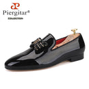 Piergitar New Black Patent Leather Men Handmade Loafers With Rhinestones Bowtie Fashion Party Men's Dress Shoes Red Color Insole