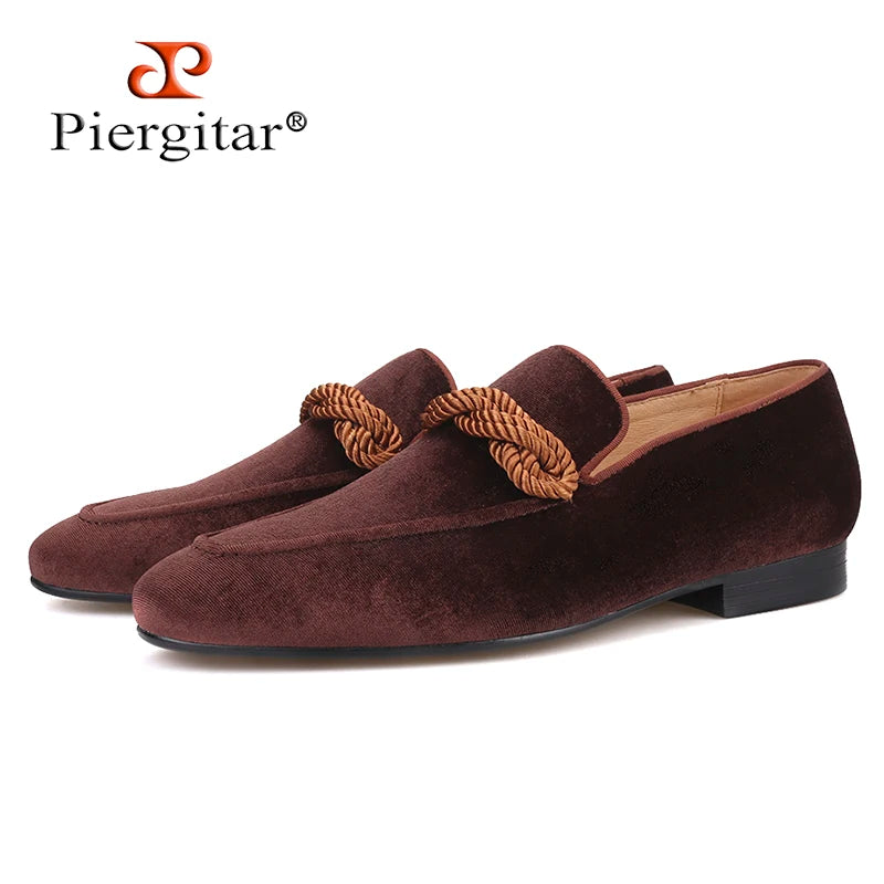 Piergitar Brown colors velvet handmade men loafers with brown rape party and banquet slip-on men's casual shoes plus size