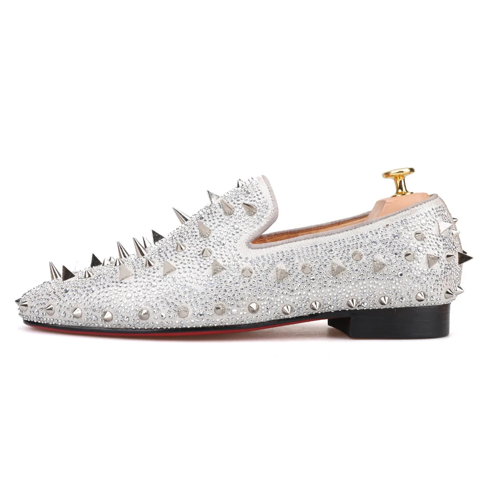 Piergitar Handcrafted Luxury Gold or Silver Spikes and Diamonds Men's Glitter Leather Loafers Suitable for Banquet and Wedding