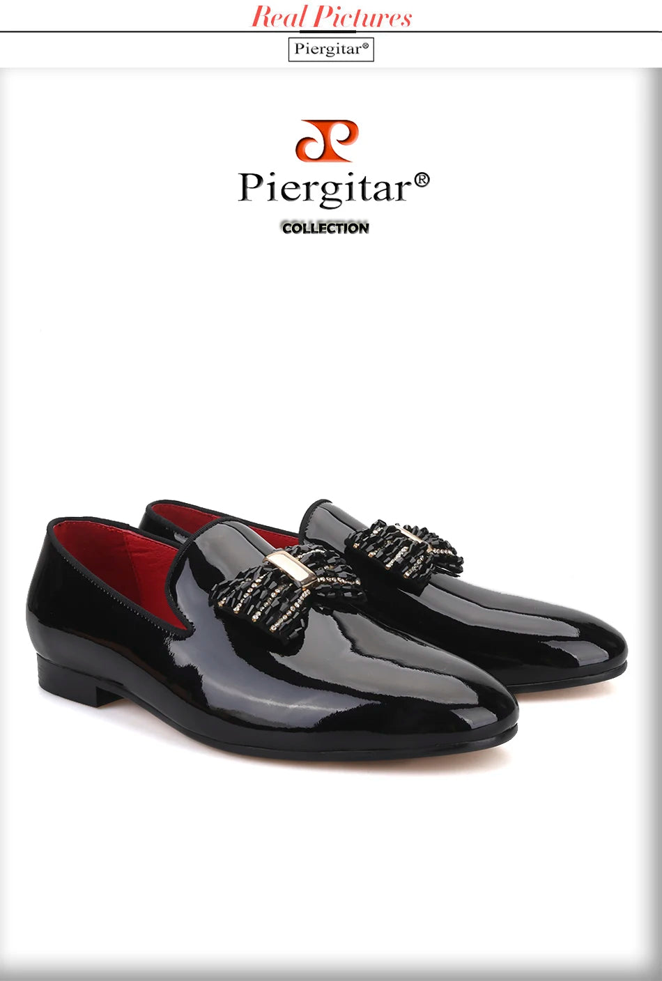 Piergitar New Black Patent Leather Men Handmade Loafers With Rhinestones Bowtie Fashion Party Men's Dress Shoes Red Color Insole