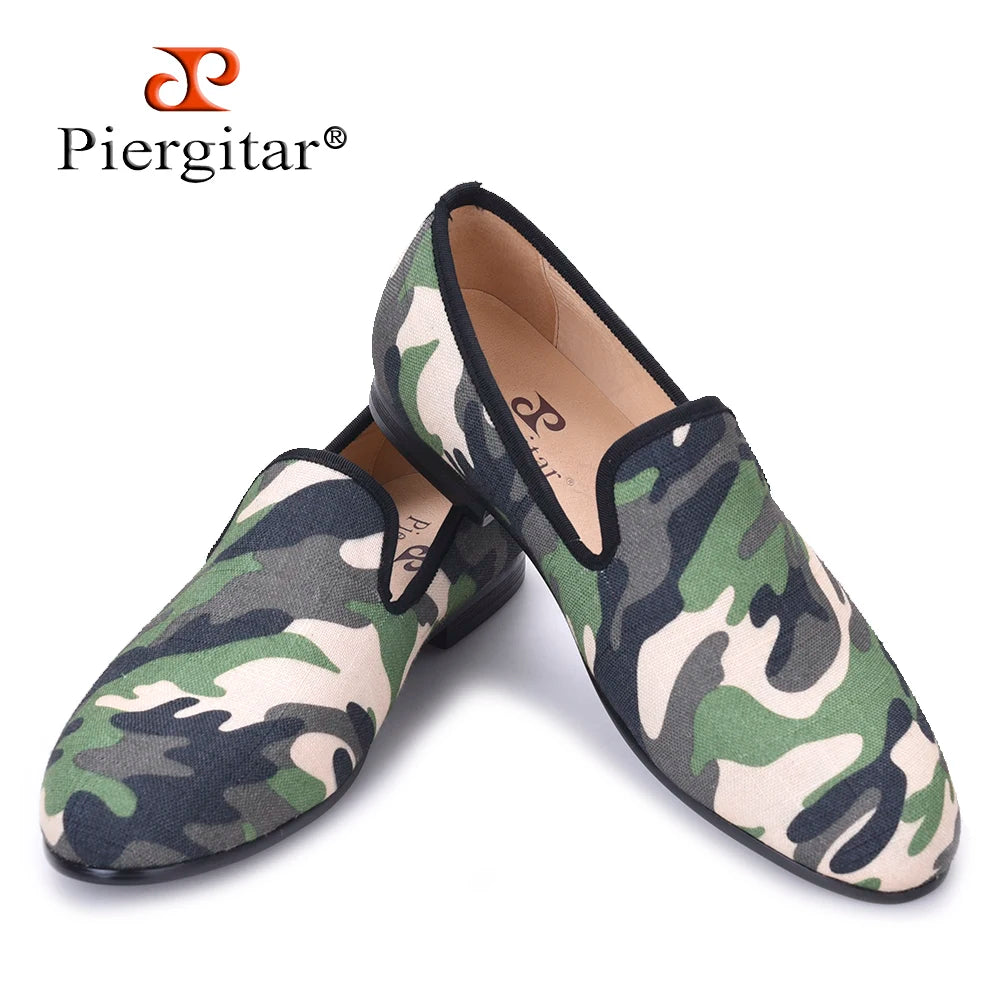 Piergitar British design classic-traditional loafers and military motif Camo print with leather insole men canvas casual shoes