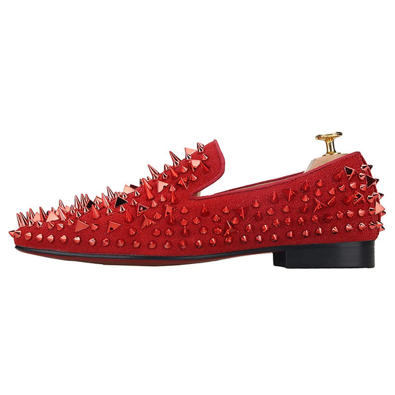 Piergitar Four Colors Handmade Men Spiked Shoes Fashion Party And Prom Men Slipper Loafers Red Outsole Plus Size Spikes Flat