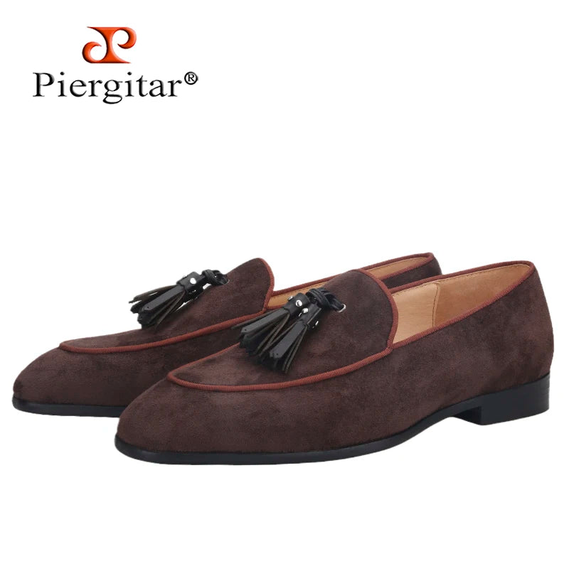 Piergitar New Summer Style Men Leather Tassel Loafers British Classic Design Men Smoking Slippers For Wedding And Party Red Sole