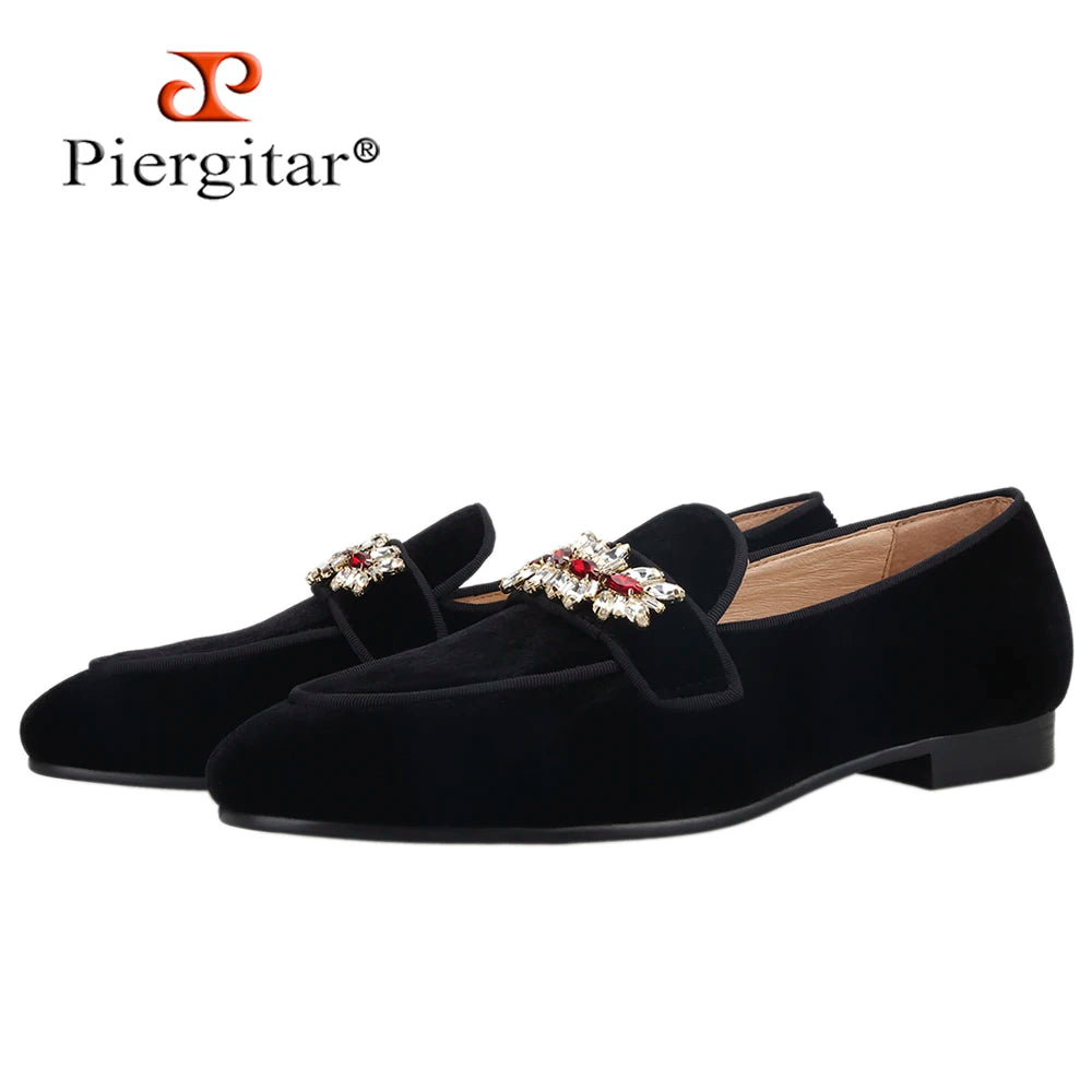 Piergitar Black Velvet Men Loafers With Red Color Rhinestone Buckle Fashion Prom Men's Smoking Slippers Plus Size Leather Insole