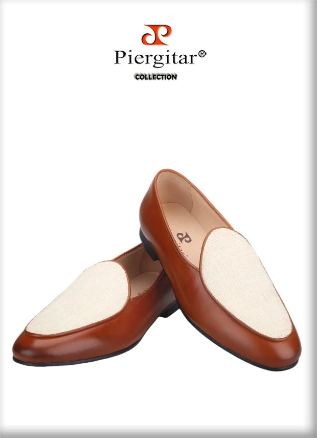 Piergitar New Style Brown Calf Leather Stitching Off-White Fabric Men's Loafers British Classics Slip-on Men Smoking Slippers