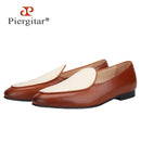 Piergitar New Style Brown Calf Leather Stitching Off-White Fabric Men's Loafers British Classics Slip-on Men Smoking Slippers