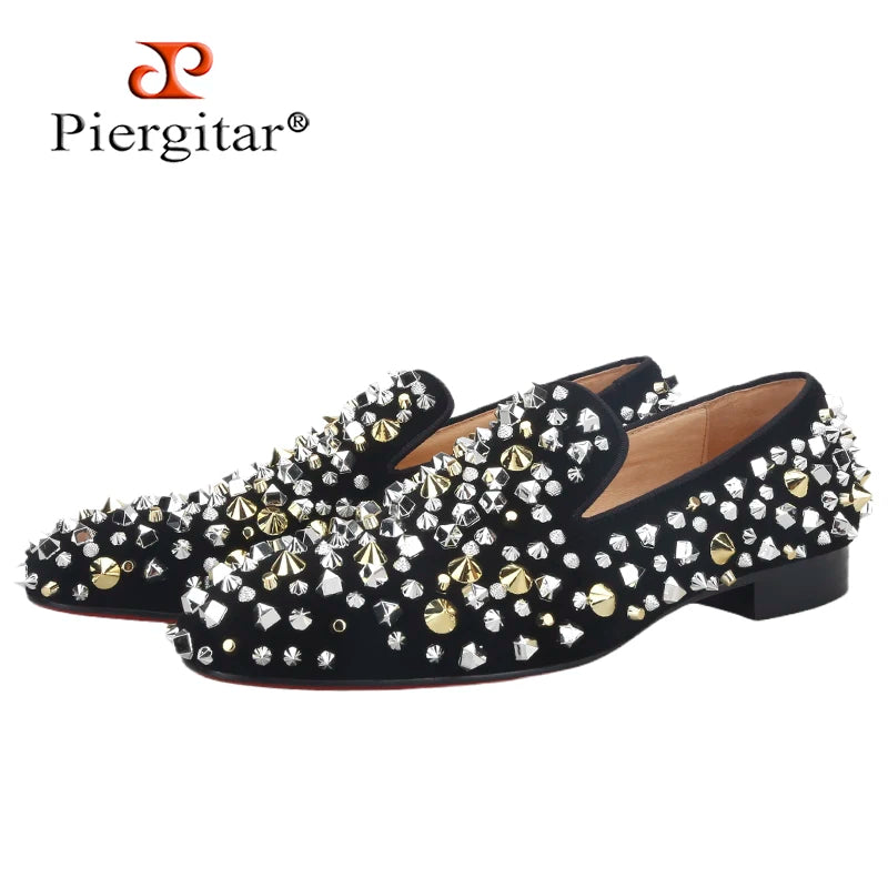 Piergitar Handmade Six Styles Gold And Sliver Spikes Flat Party And Wedding Men's Luxury Loafers Red Outsole Dandelion Moccasin