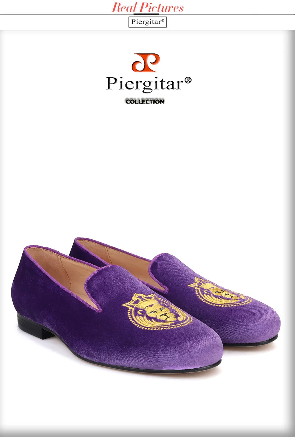 Piergitar handmade lion embroidery men velvet shoes purple color men's moccasins for party and prom men loafers leather insole