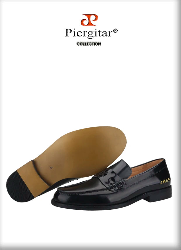 Piergitar Handmade Black Cow Leather Men's Loafers Classic Men Moccasin Gold Color Outsole Men Flats Letters Embroidered Heel