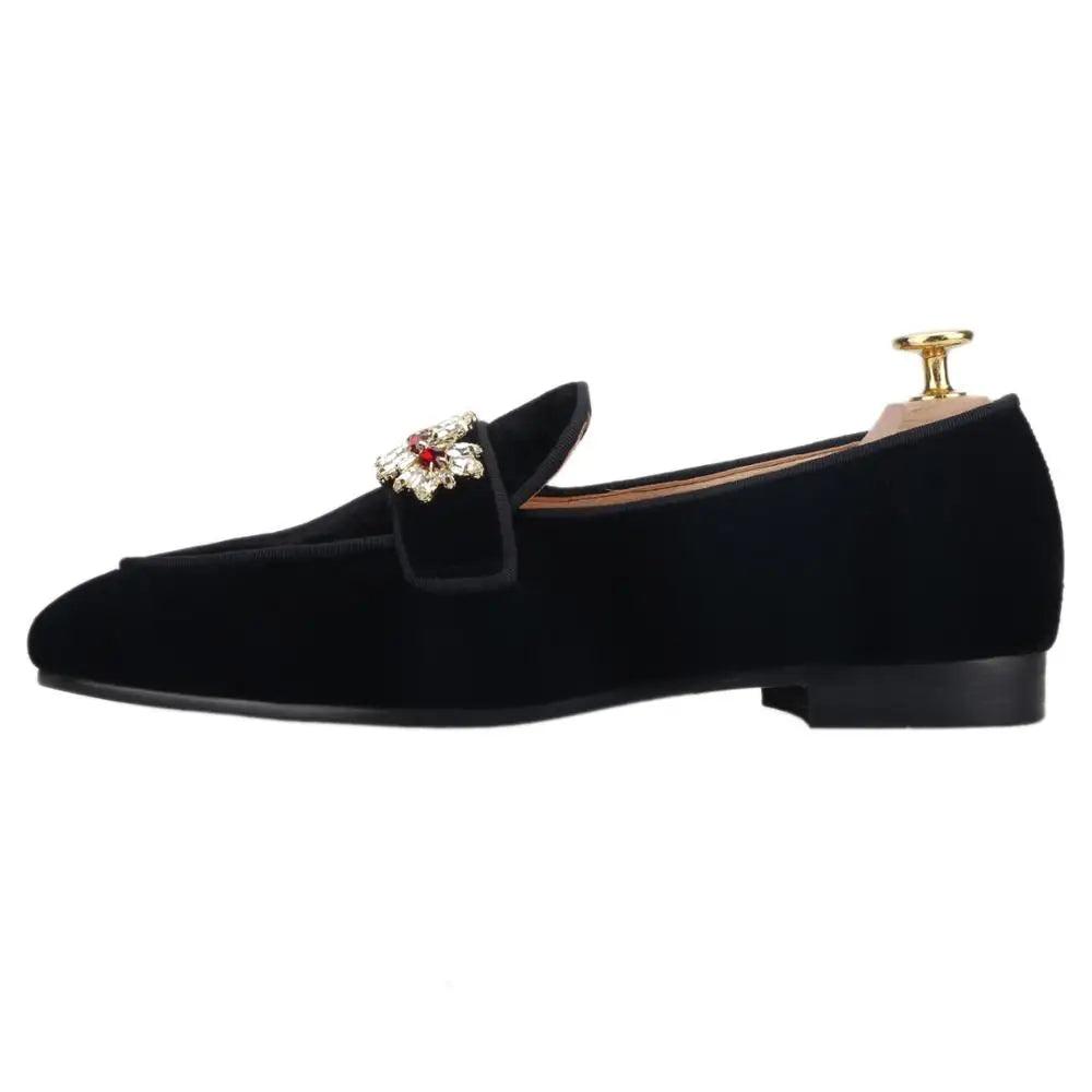 Piergitar Black Velvet Men Loafers With Red Color Rhinestone Buckle Fashion Prom Men's Smoking Slippers Plus Size Leather Insole