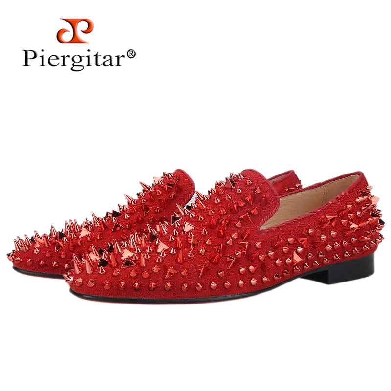 Piergitar Four Colors Handmade Men Spiked Shoes Fashion Party And Prom Men Slipper Loafers Red Outsole Plus Size Spikes Flat