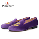 Piergitar handmade lion embroidery men velvet shoes purple color men's moccasins for party and prom men loafers leather insole