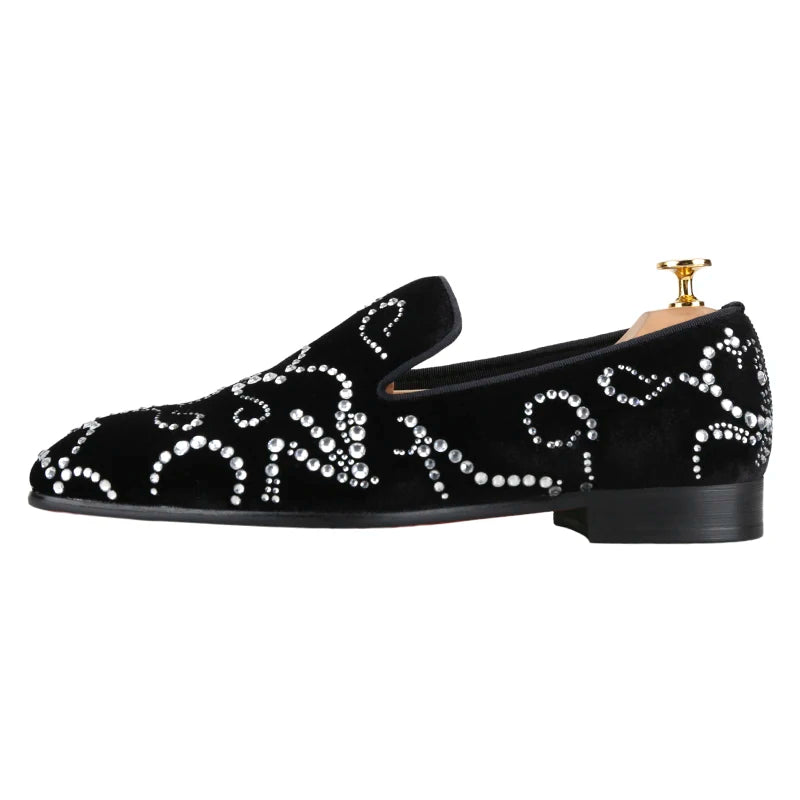 Piergitar Black Velvet And Octodandelion Strass Loafers Luxury Brand Same Design Red Bottom Handmade Crystals Men's Moccasins