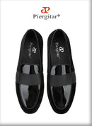 Piergitar Black Velvet Patchwork Patent Leather Men Loafers With Horizontal Band Handmade Flats Suitable For Party Formal Suits