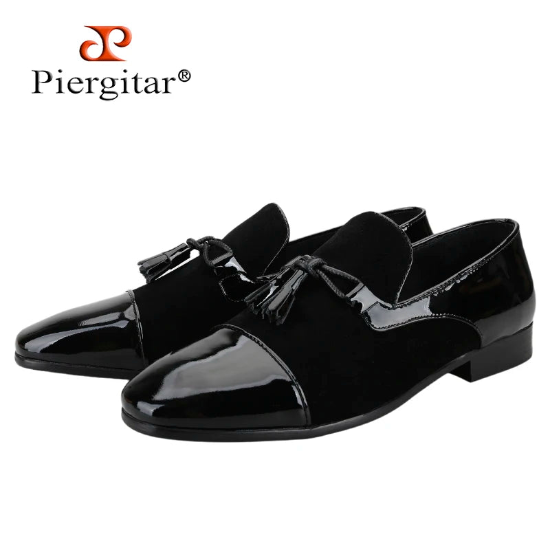 Piergitar Black Suede And Patent Leather Slip-On Slipper With Matched Tassels British Classic Style Handmade Men's Loafers