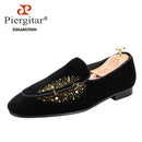 Piergitar Black Velvet Men's Slippers Shoes Luxury Brand Same Design Handcrafted Studs And Crystals Slip-On Loafers For Party