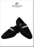 Piergitar Six Colors Meteor Shower Velvet Men's Loafers With Sliver Rhinestones Metal Buckle Handmade Slip-On Classic Moccasins