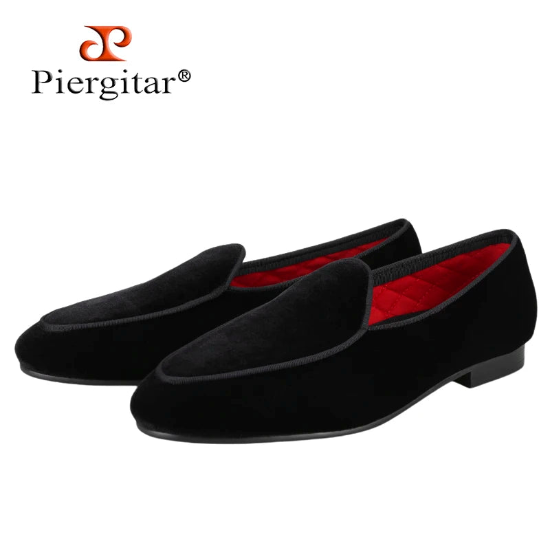 Piergitar Brand Handmade Black Color Men Velvet Shoes For Fashion Party And Wedding Men's Loafers Slip-On Smoking Slippers