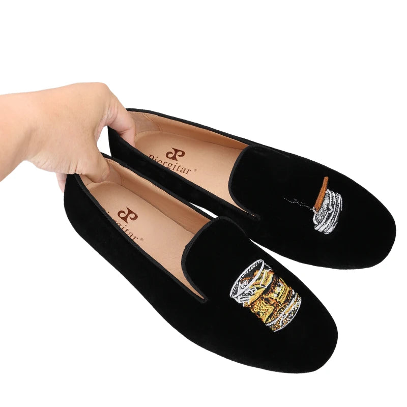 Piergitar Handmade Men Loafers With Cigarette And Ashtray Embroidery For Fashion Party Black Velvet Slip-On Smoking Slippers