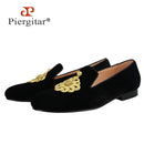 Piergitar Black Velvet Slip-On Men's Slippers Shoes Handmade Golden Rope Decoration Loafers For Party And Wedding Leather Insole