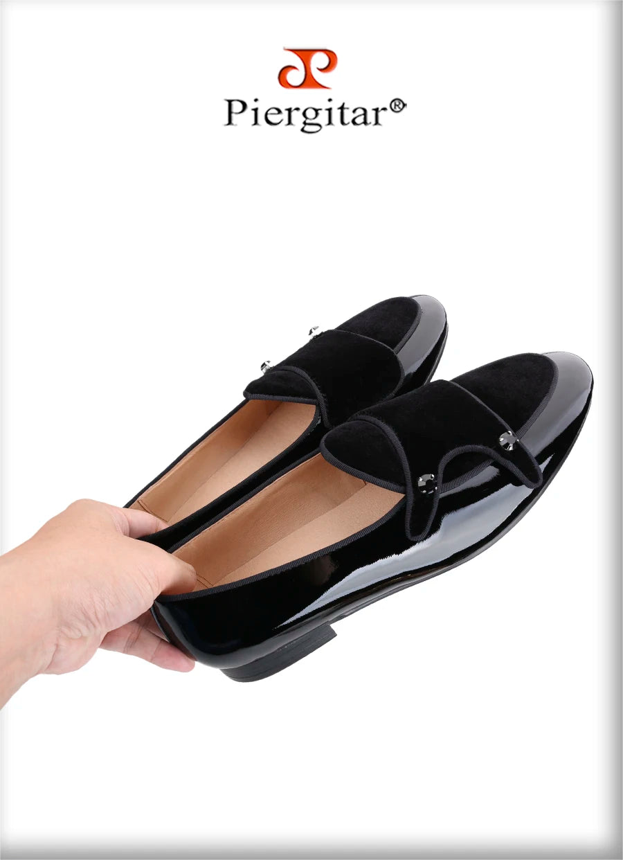 Piergitar Black Patent Leather Men's Dress Shoes Rhinestone Buckle Belgian Loafers For Wedding And Banquet Handmade In GuangZhou