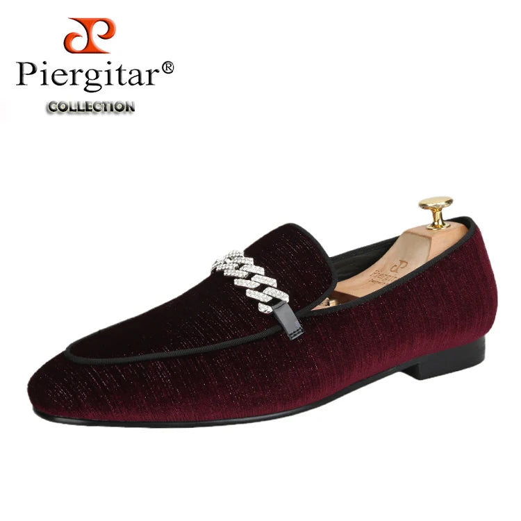 Piergitar Six Colors Meteor Shower Velvet Men's Loafers With Sliver Rhinestones Metal Buckle Handmade Slip-On Classic Moccasins