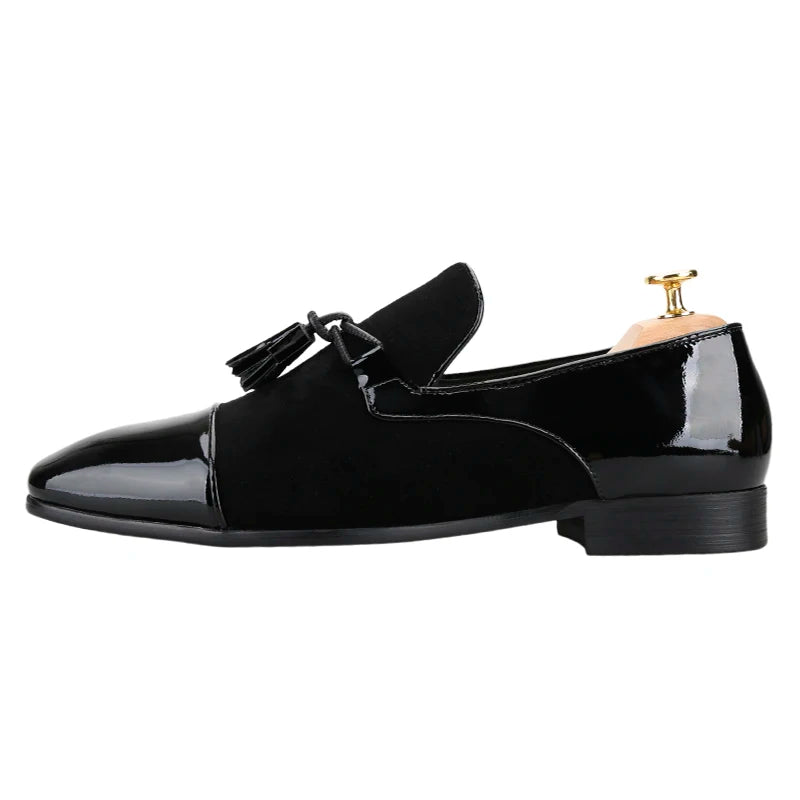 Piergitar Black Suede And Patent Leather Slip-On Slipper With Matched Tassels British Classic Style Handmade Men's Loafers