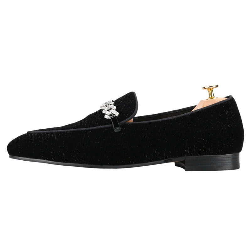 Piergitar Six Colors Meteor Shower Velvet Men's Loafers With Sliver Rhinestones Metal Buckle Handmade Slip-On Classic Moccasins