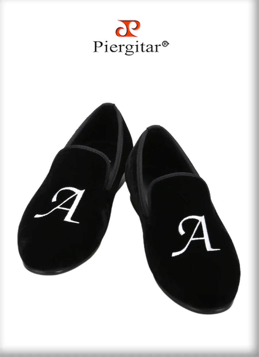 Piergitar Handmade Custom Initials Embroidery Men's Loafers Black Velvet Slip-On Smoking Slippers For Wedding Or Party Red Sole