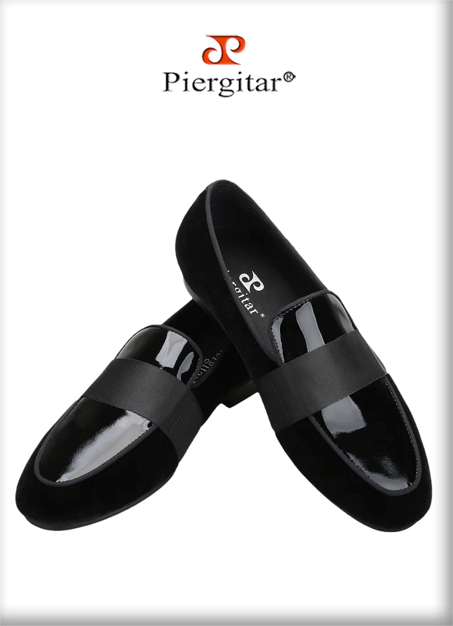 Piergitar Black Velvet Patchwork Patent Leather Men Loafers With Horizontal Band Handmade Flats Suitable For Party Formal Suits