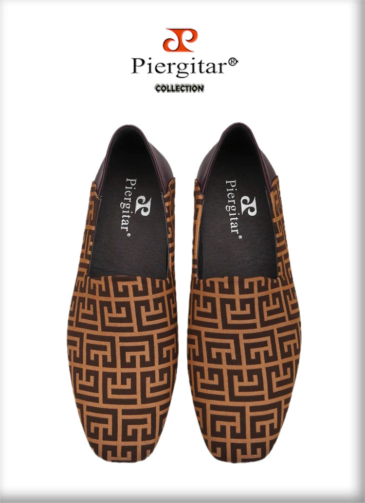 Piergitar New Plaid Stereoscopic Jacquard Fabric Men's Loafers Back Soft Sheepskin Smoking Slippers Handmade Slip-on Moccasin