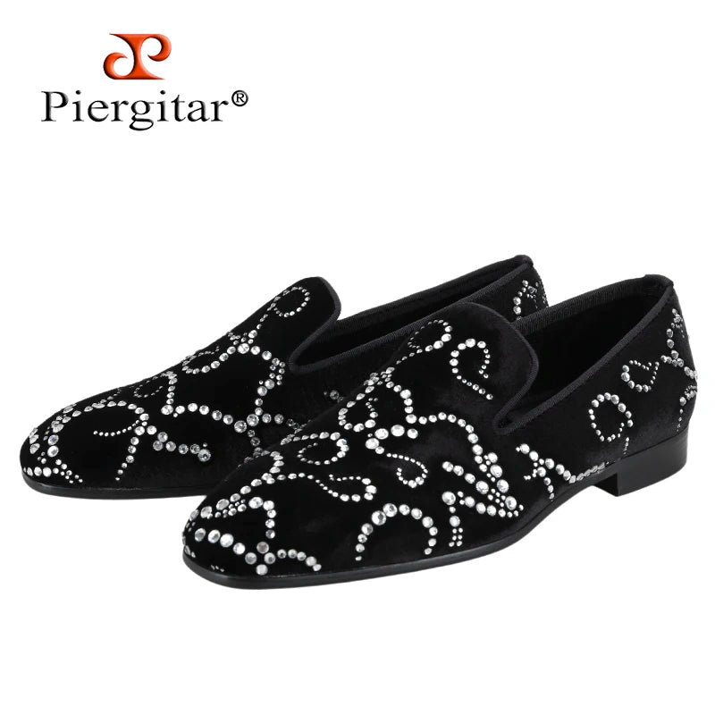 Piergitar Black Velvet And Octodandelion Strass Loafers Luxury Brand Same Design Red Bottom Handmade Crystals Men's Moccasins