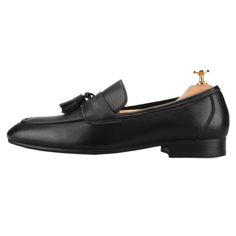 Piergitar Imported From Italy Black Calfskin Penny Loafers Handmade Removable Fringes Slip-On Smoking Slippers For Wedding/Party