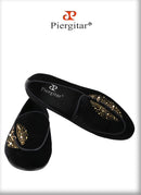 Piergitar Black Velvet Men's Slippers Shoes Luxury Brand Same Design Handcrafted Studs And Crystals Slip-On Loafers For Party