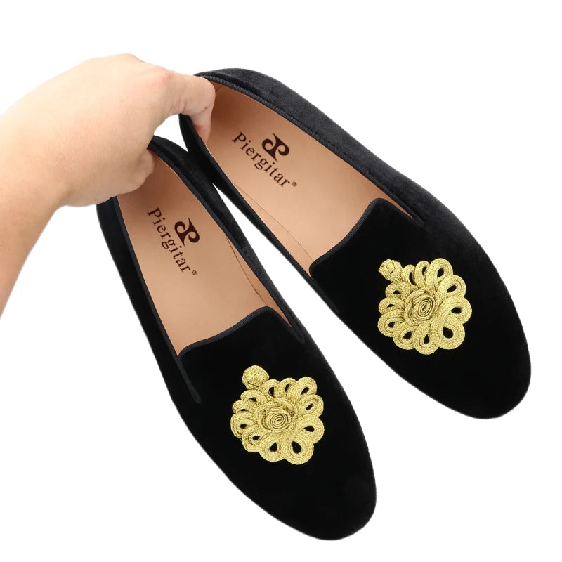 Piergitar Black Velvet Slip-On Men's Slippers Shoes Handmade Golden Rope Decoration Loafers For Party And Wedding Leather Insole