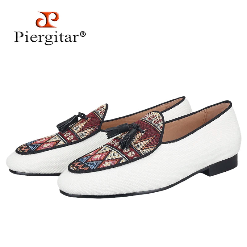 Piergitar Brand 2023 White Cotton Canvas Of Paisley Pattern Men's Loafers Fashion Party Handmade Leahter Tassel Shoes Plus Size