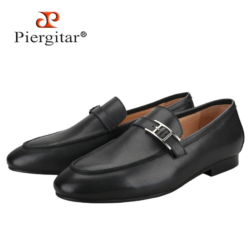 Piergitar Black Napa Calfskin Men Loafers Luxury Brand Same Style Customized Metal Buckles With Letter "H" Formal Leather Shoes