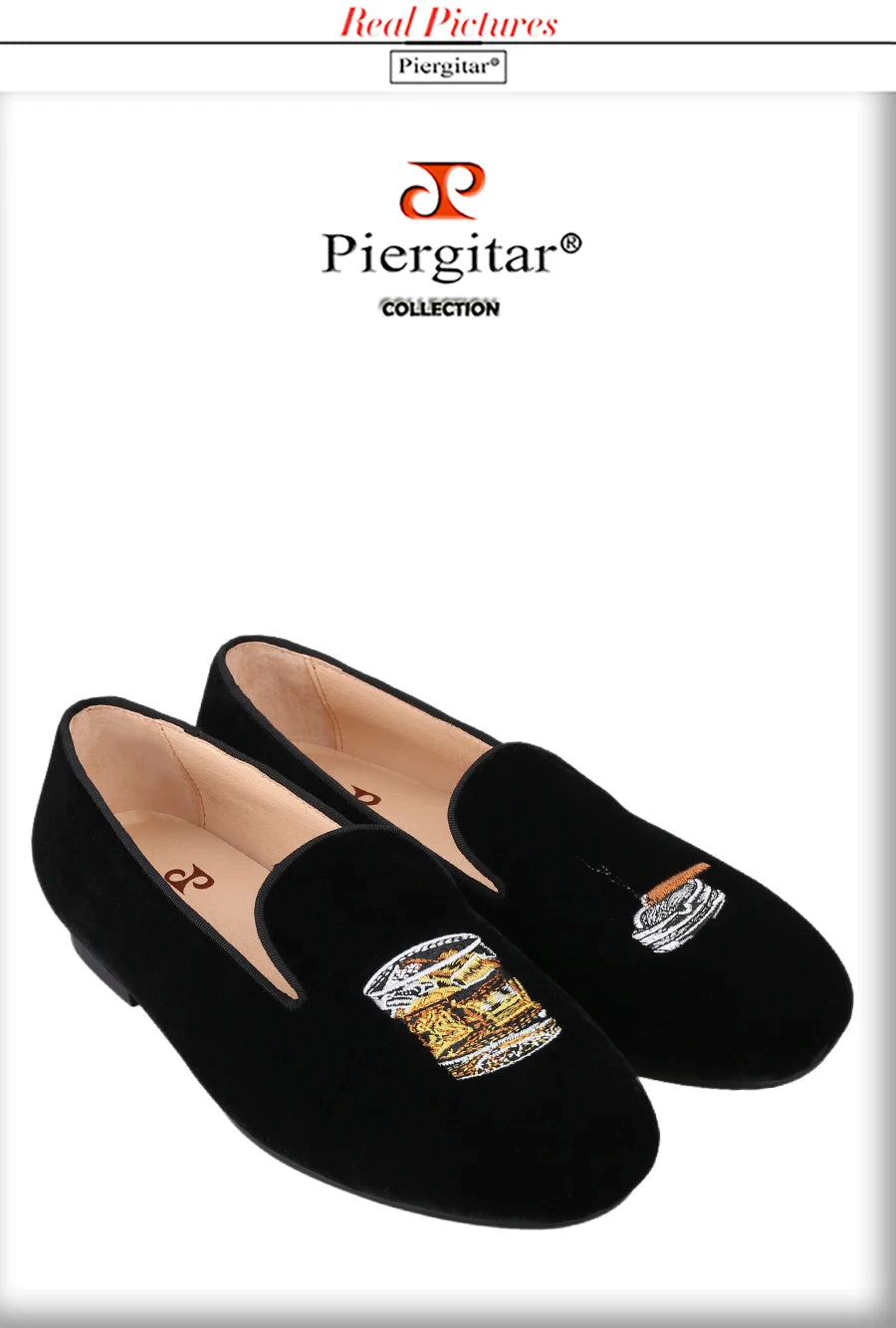 Piergitar Handmade Men Loafers With Cigarette And Ashtray Embroidery For Fashion Party Black Velvet Slip-On Smoking Slippers