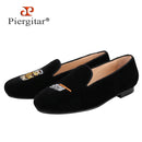 Piergitar Handmade Men Loafers With Cigarette And Ashtray Embroidery For Fashion Party Black Velvet Slip-On Smoking Slippers